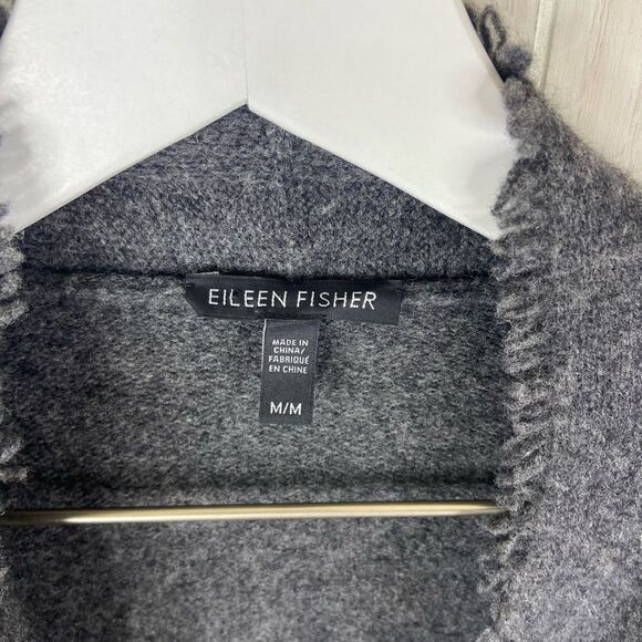 Eileen Fisher Cardigan Womens Fringe Gray Long-Sleeve Open-Front Sweater Medium - Picture 2 of 5